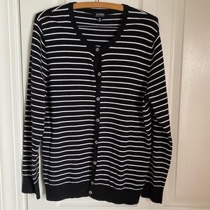 Jones New York Black White Striped Cardigan Sweater XL Classic Timeless Preppy